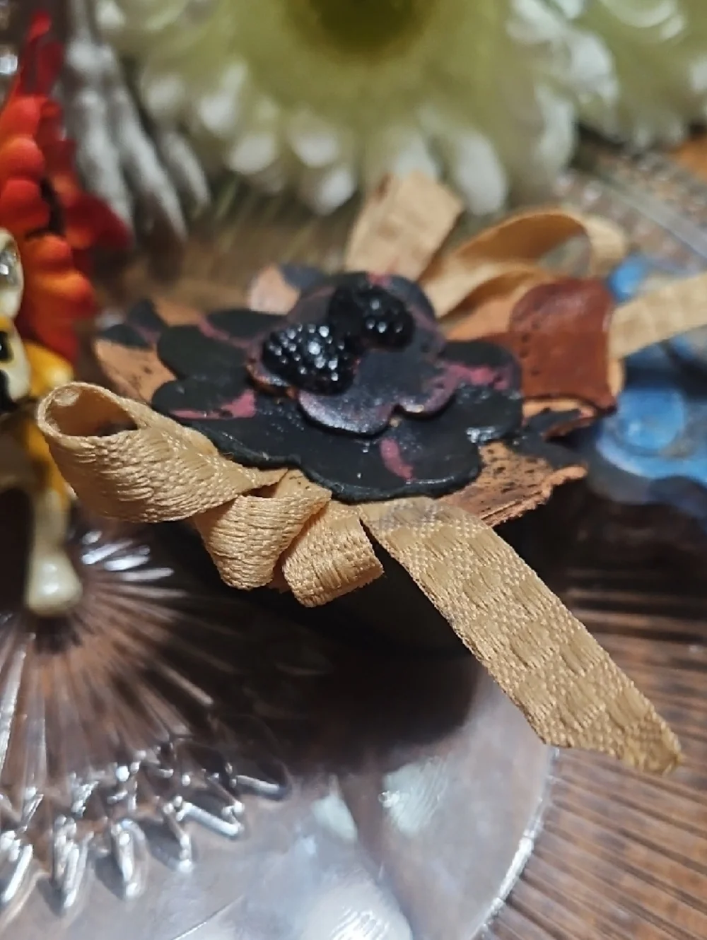 Hand Crafted Genuine Leather Floral Dog Bow Charm NEW Gifted